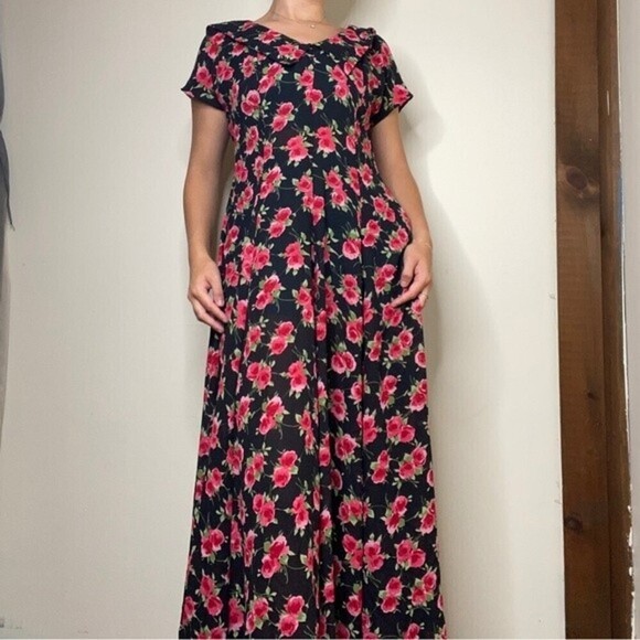 Karin Stevens Vintage 90s Black Rose Print Semi Sheer Midi Dress Size 6 - Picture 1 of 14